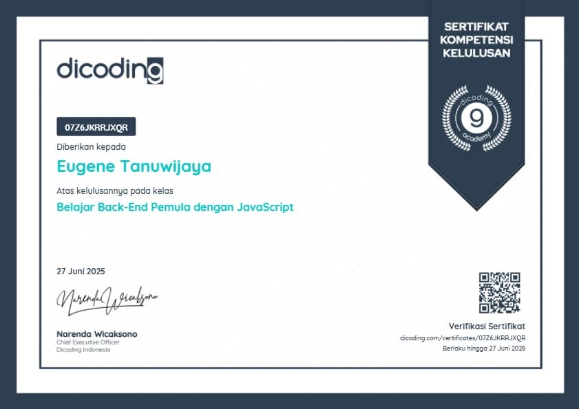 Belajar Back-End Pemula dengan JavaScript certificate awarded to Eugene Tanuwijaya (opens Dicoding in a new tab)