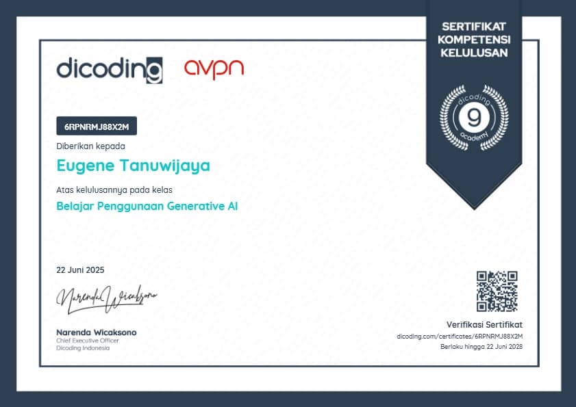 Belajar Penggunaan Generative AI certificate awarded to Eugene Tanuwijaya (opens Dicoding in a new tab)