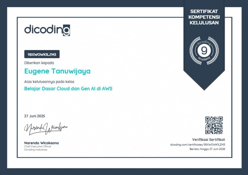 Belajar Dasar Cloud dan Gen AI di AWS certificate awarded to Eugene Tanuwijaya (opens Dicoding in a new tab)
