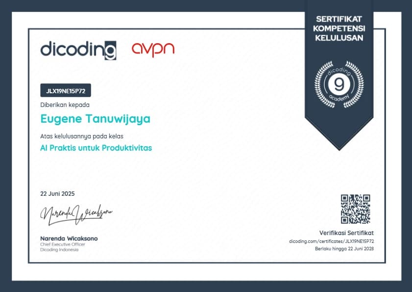 AI Praktis untuk Produktivitas certificate awarded to Eugene Tanuwijaya (opens Dicoding in a new tab)
